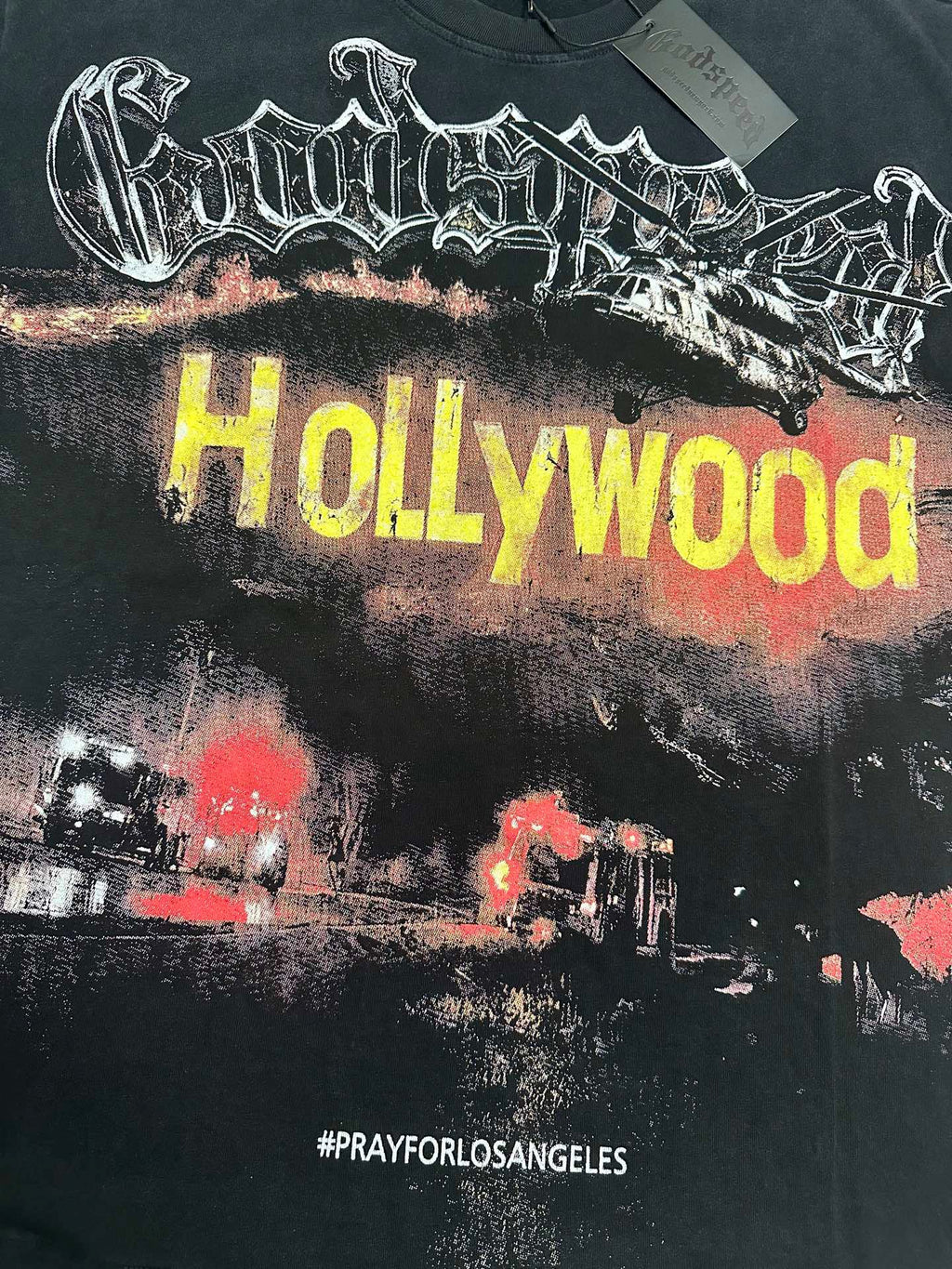 Godspeed Hollywood Pray For Los‑Angeles Vintage Short‑Sleeve Tee (Washed Black)