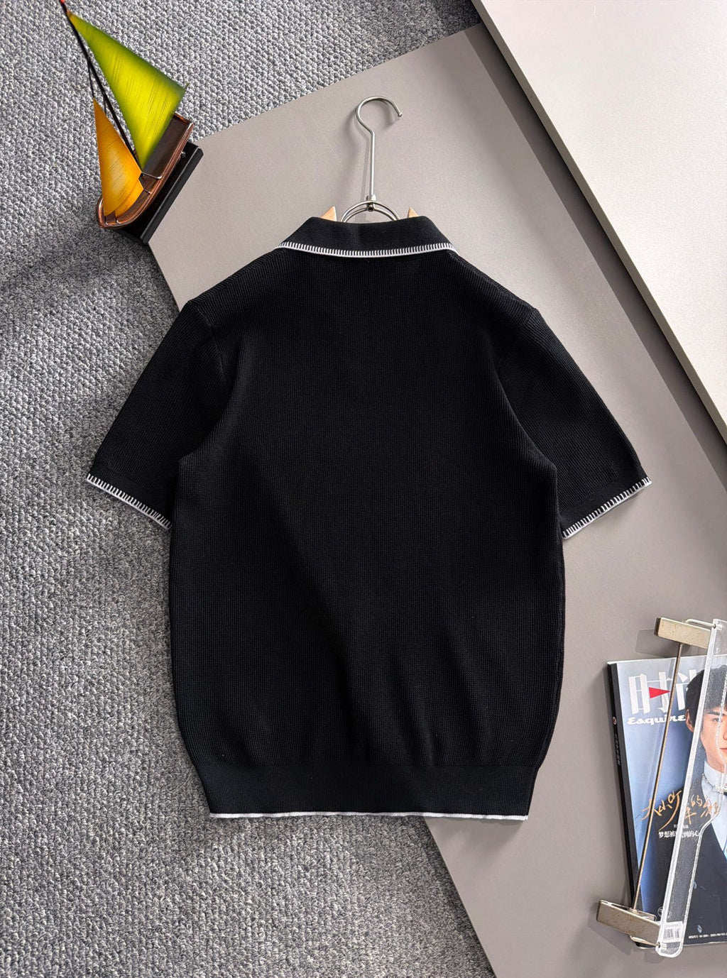 Men's Knit Short‑Sleeve Polo Shirt Contrast Trim Collar Embroidery Top