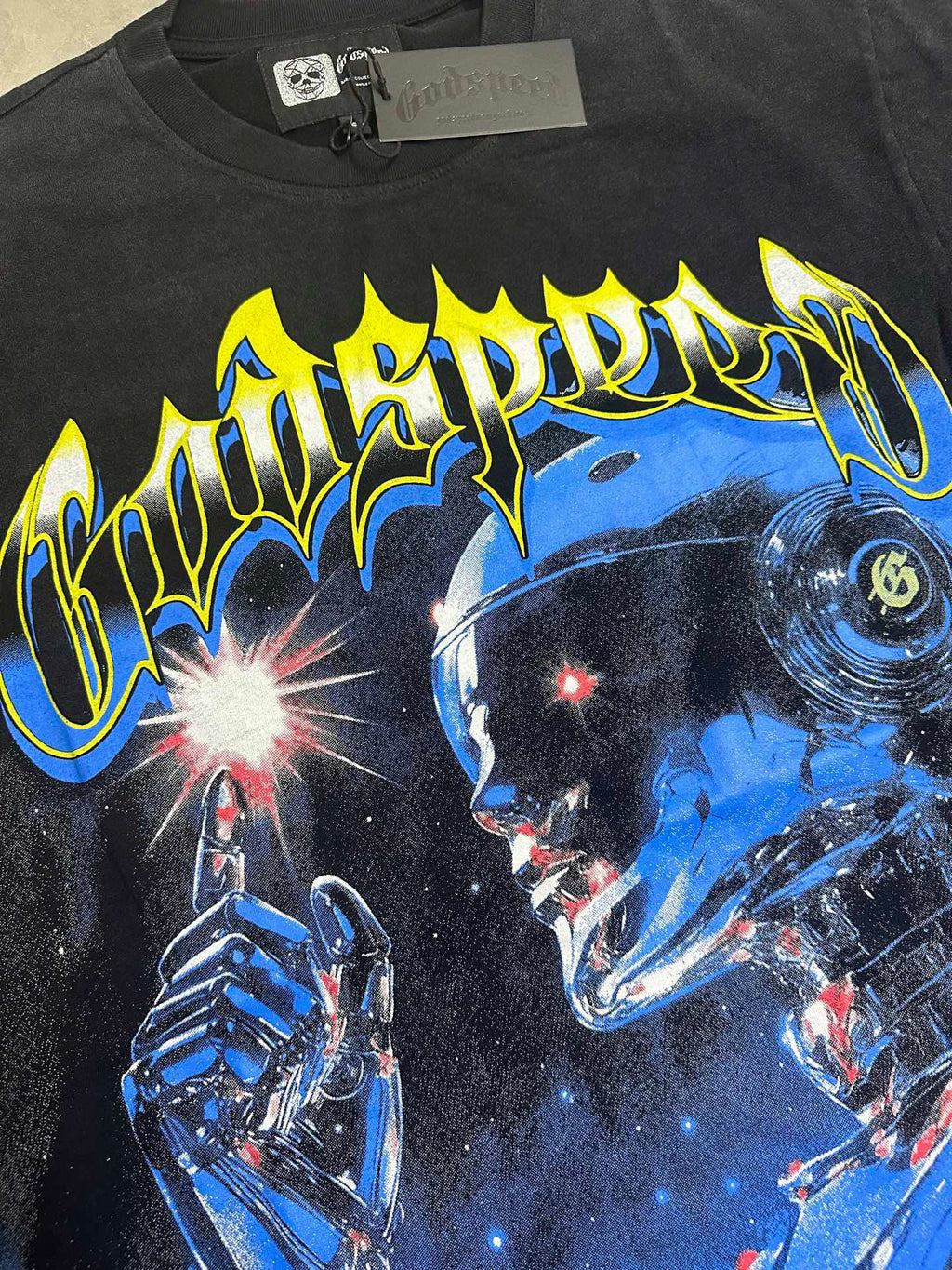 Godspeed Blue Space Robot Vintage Short‑Sleeve Tee (Washed Black)
