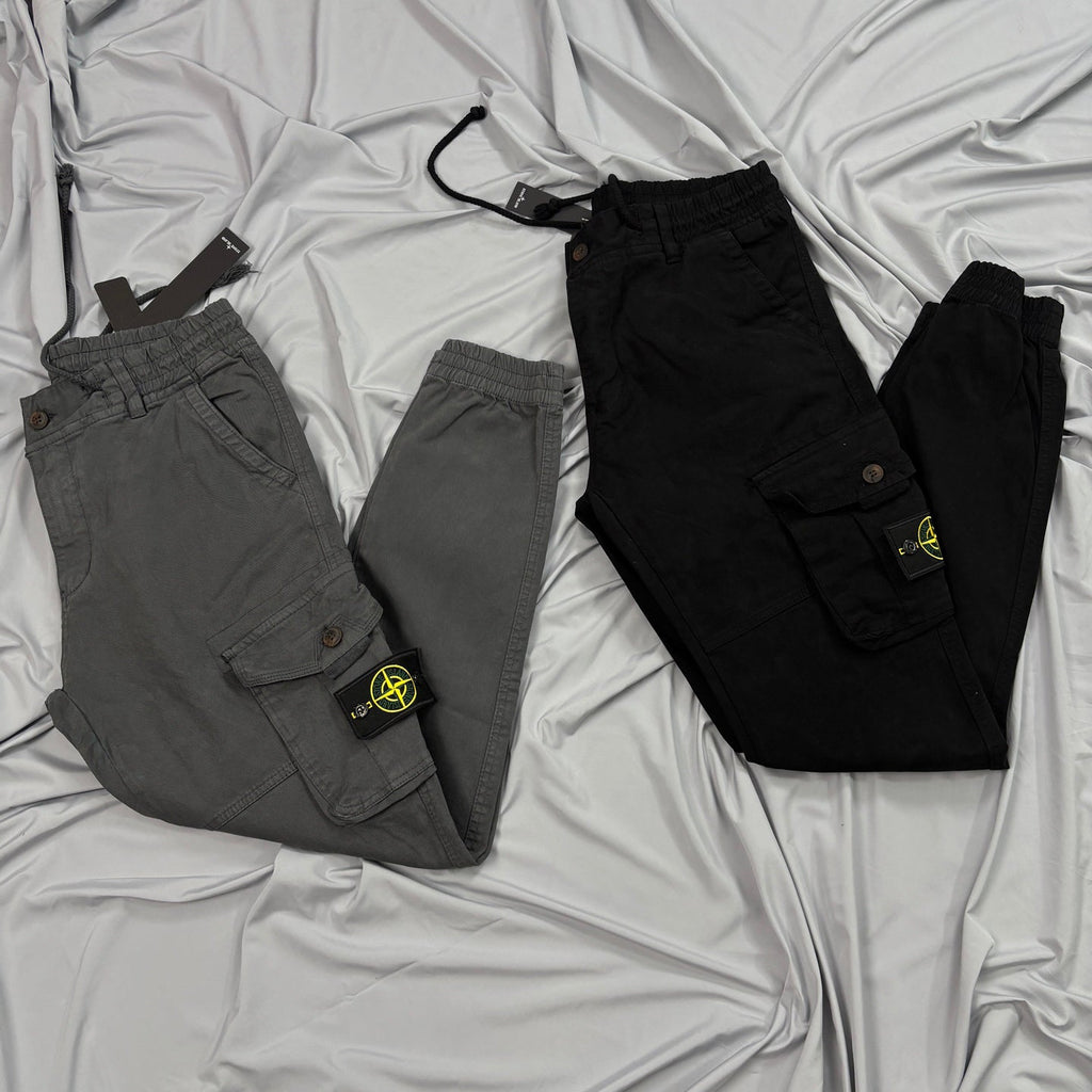 Stone Island Garment-Washed Cargo Jogger Pants with Compass Badge