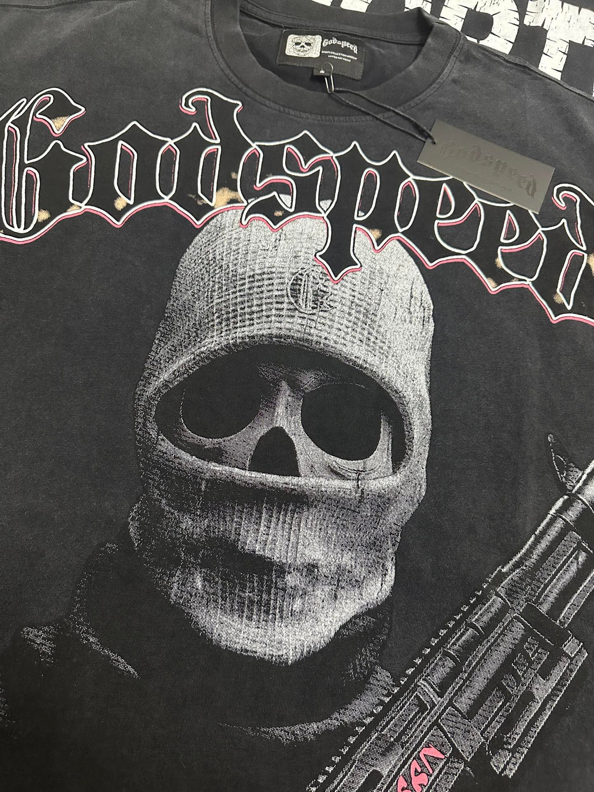 Godspeed Skull Balaclava Gunman Vintage Short‑Sleeve Tee (Washed Black)