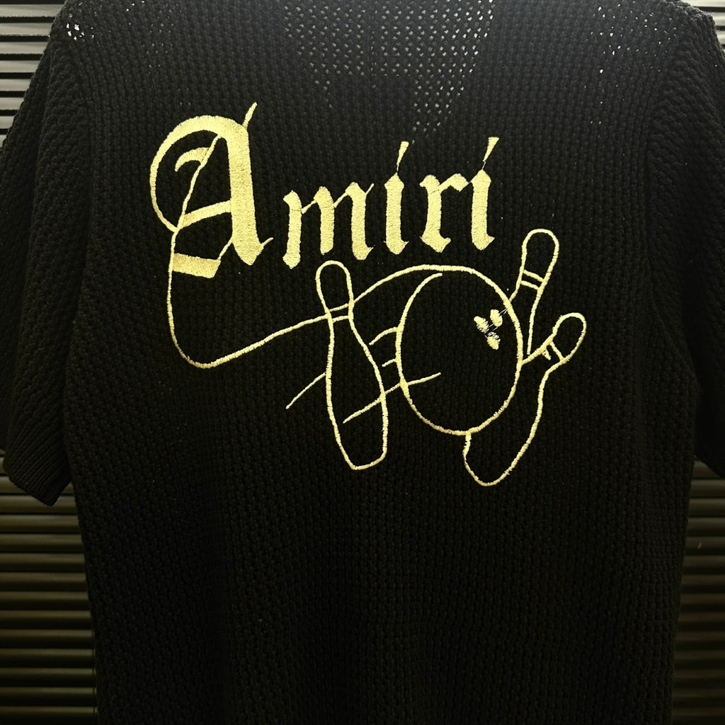AMIRI Gothic Script Embroidered Short‑Sleeve Knit Cardigan