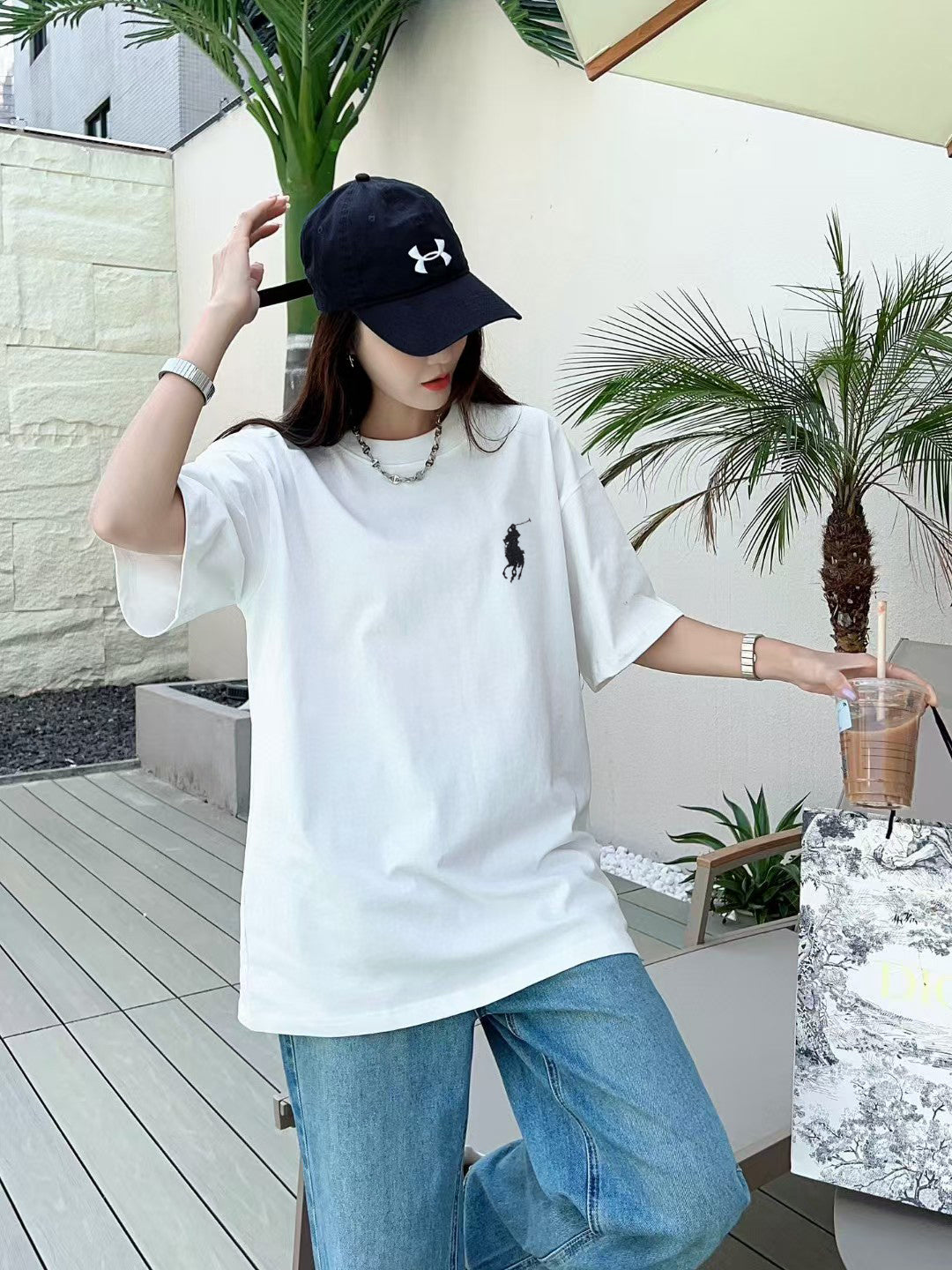 Men's Crew Neck Short‑Sleeve T‑Shirt Small Horse Embroidery Solid Color Casual Tee