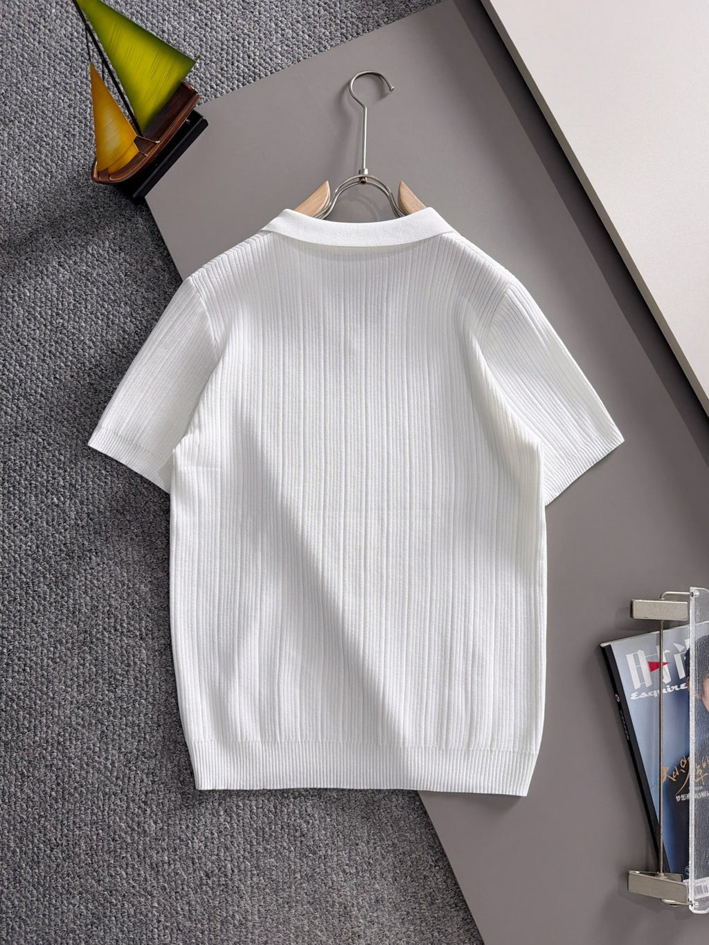 Men's Vertical Rib Knit Short‑Sleeve Polo Shirt Open V‑Collar Chest Embroidery Top
