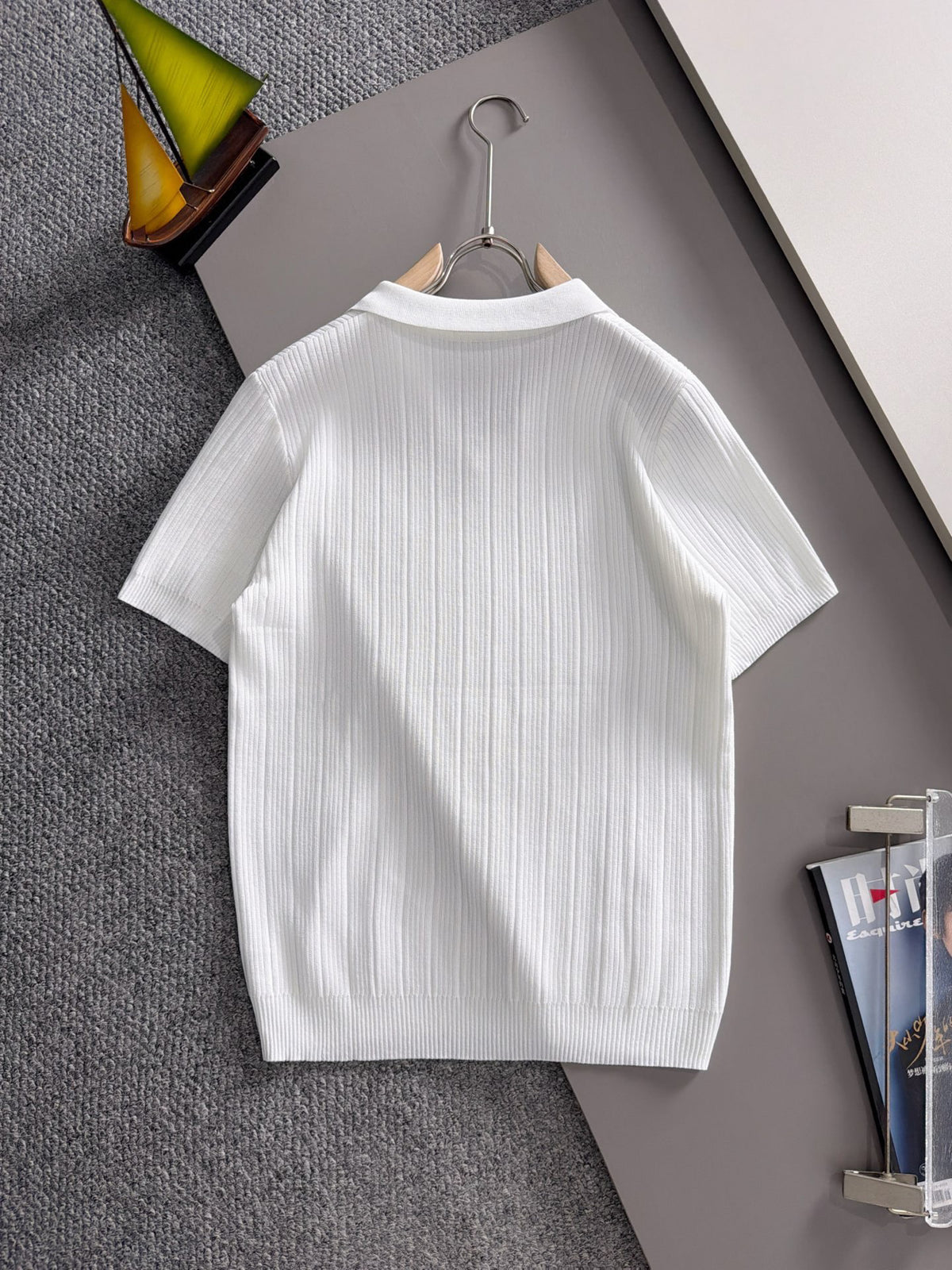 Men's Vertical Rib Knit Short‑Sleeve Polo Shirt Open V‑Collar Chest Embroidery Top