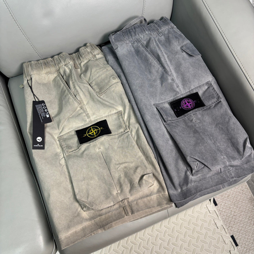 Stone Island Washed Lustrous Cargo Shorts with Double Flap Pockets and Compass Badge
