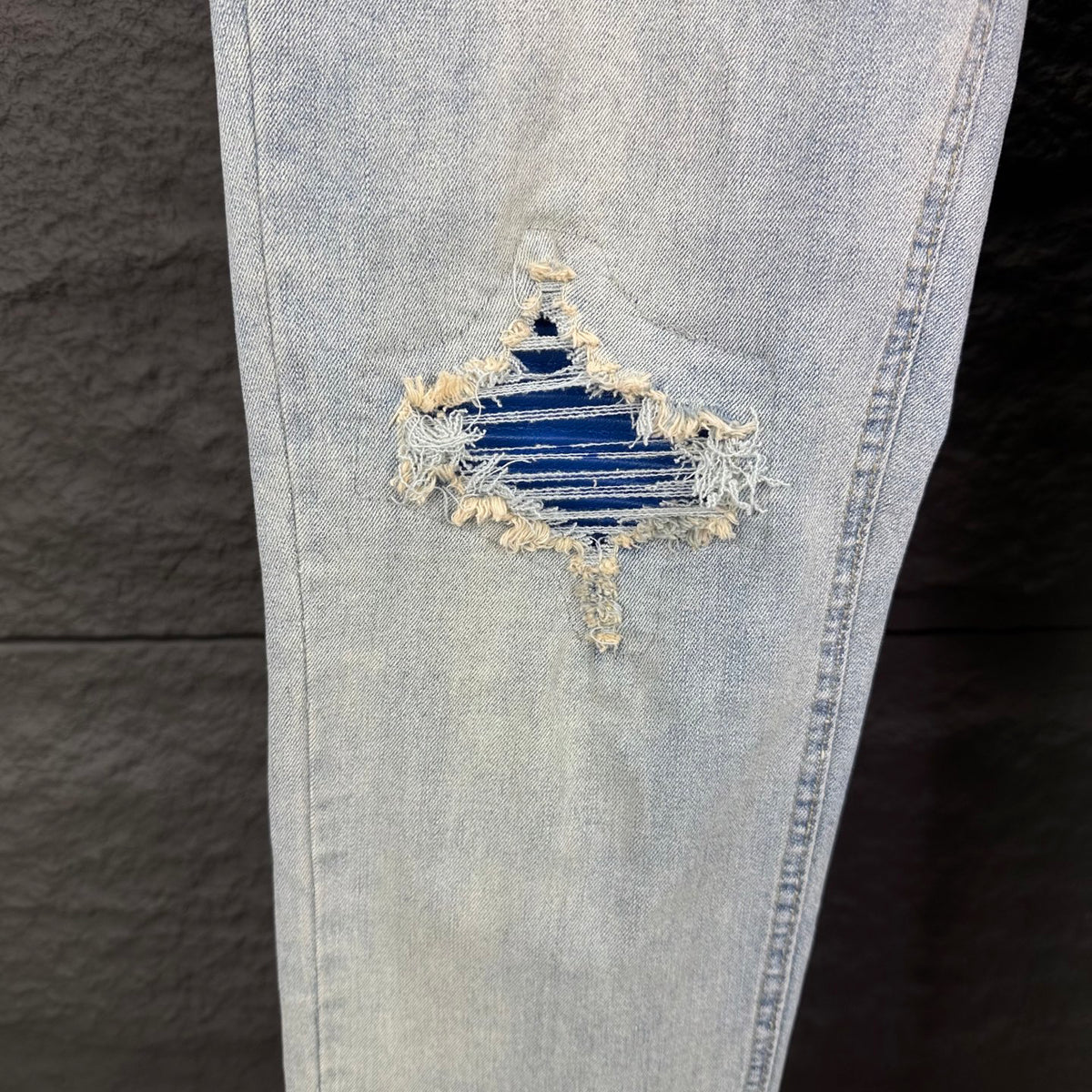 AMIRI Blue Ribbed Patch Diamond‑Rip Distressed Slim‑Fit Denim Jeans