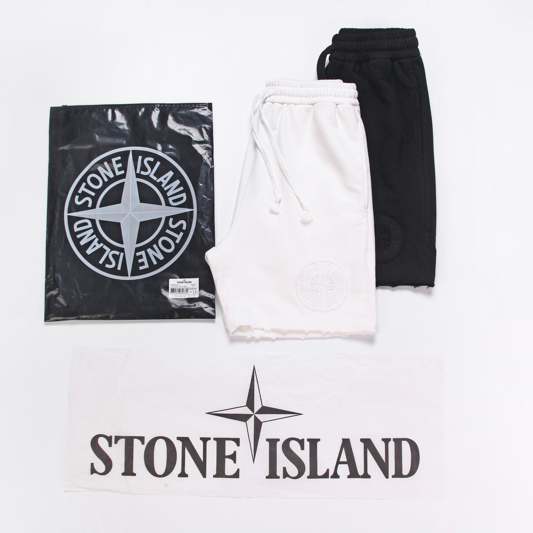 Stone Island Washed Cotton Fleece Shorts with Tonal Embroidered Compass Badge and Raw Cut Hem