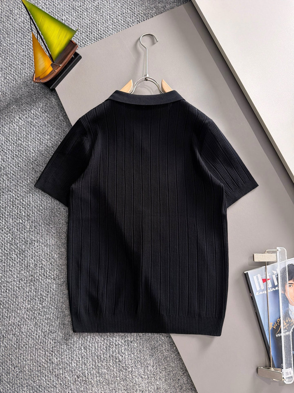 Men's Vertical Ribbed Knit Short‑Sleeve Polo Shirt Open V‑Collar Chest Embroidery Top