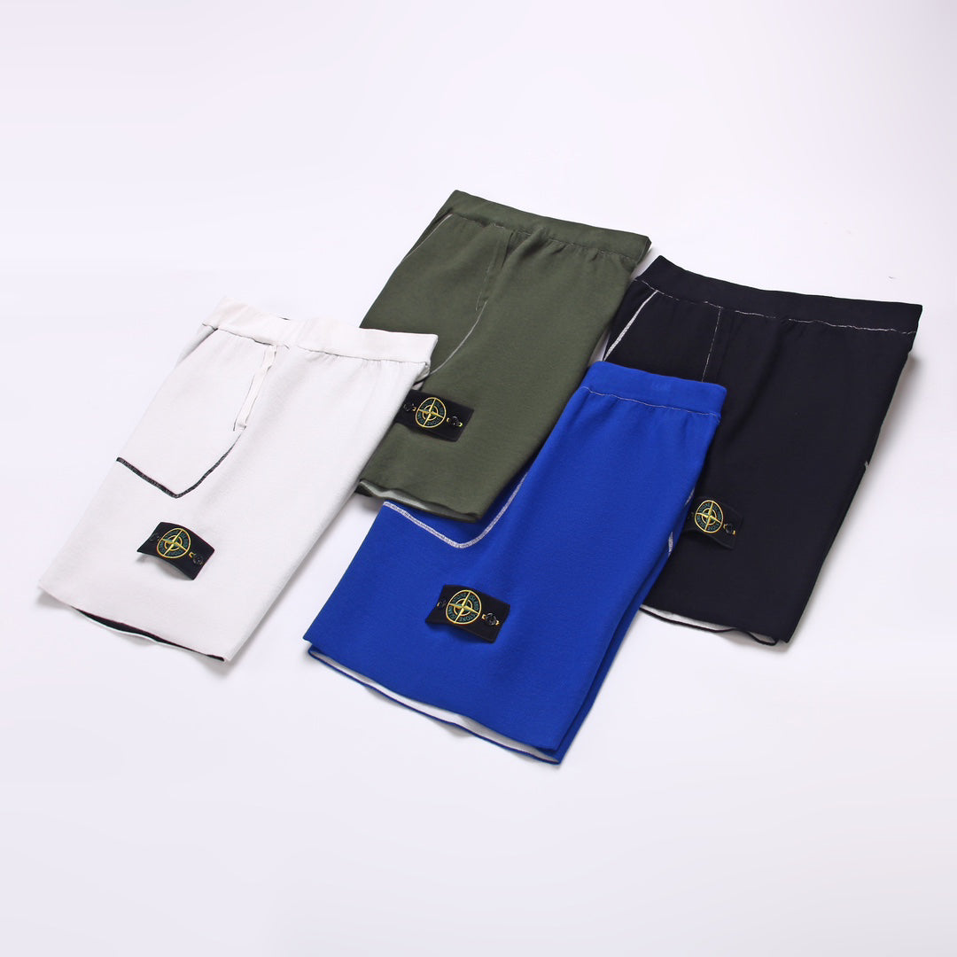 Stone Island Technical Fabric Shorts with Bilateral Front Patch Pockets Contrast Topstitching and Compass Badge