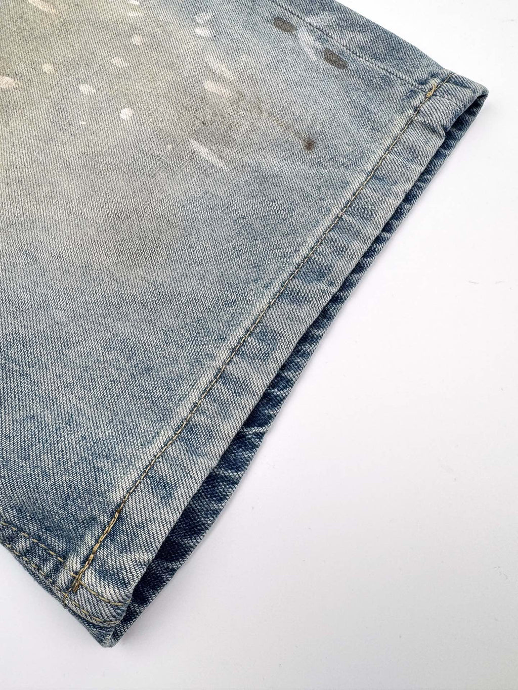 Acne Studios Paint‑Splatters Distressed Wide‑Leg Denim Jort Shorts