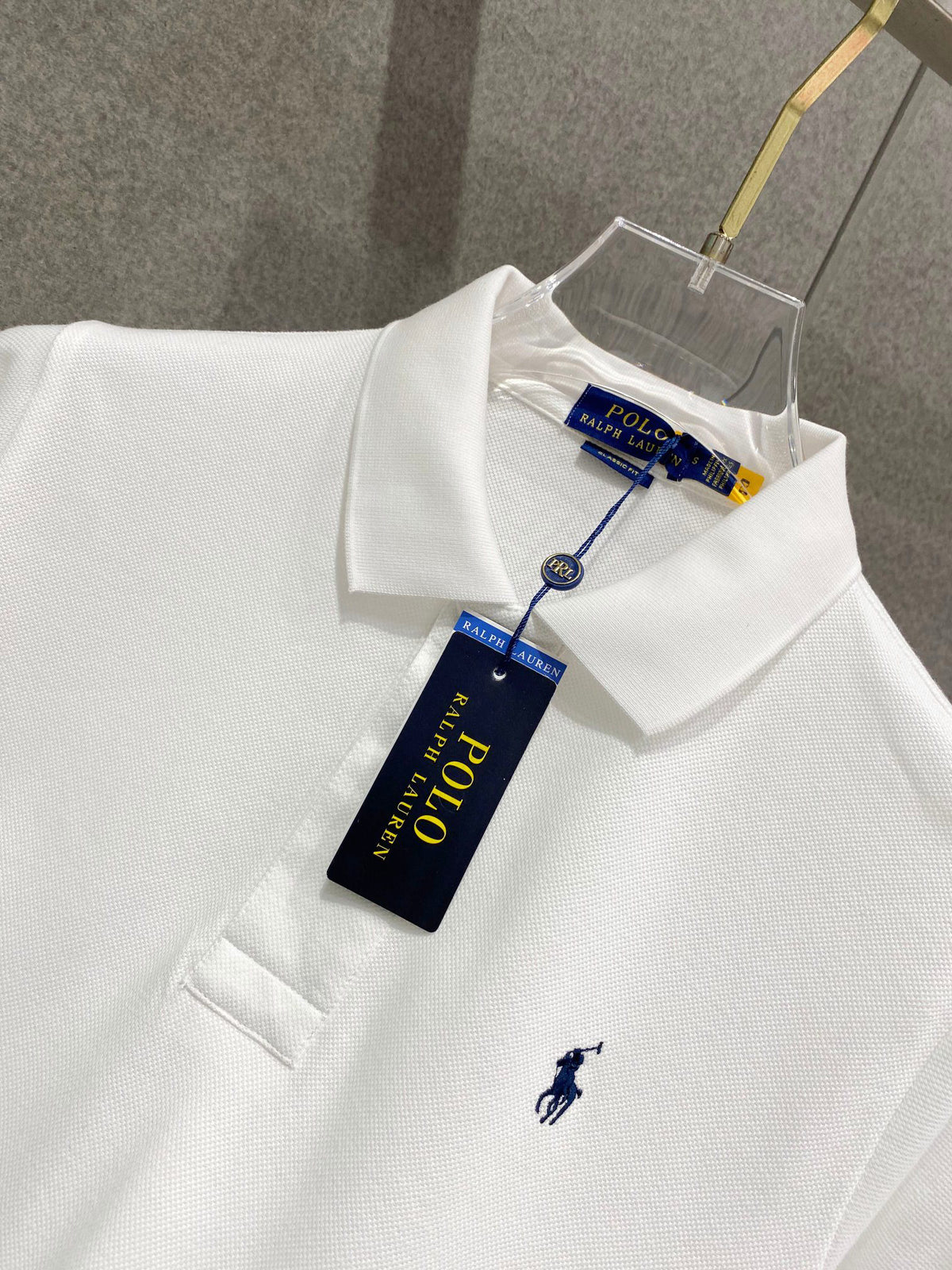Men's Pique Short‑Sleeve Polo Shirt Small Horse Embroidery Solid White Casual Top