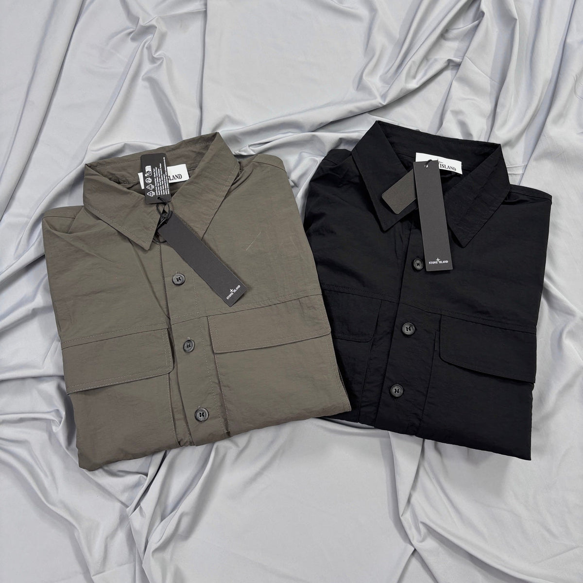 Stone Island Crinkle Nylon Overshirt with Flap Chest Pockets and Compass Badge