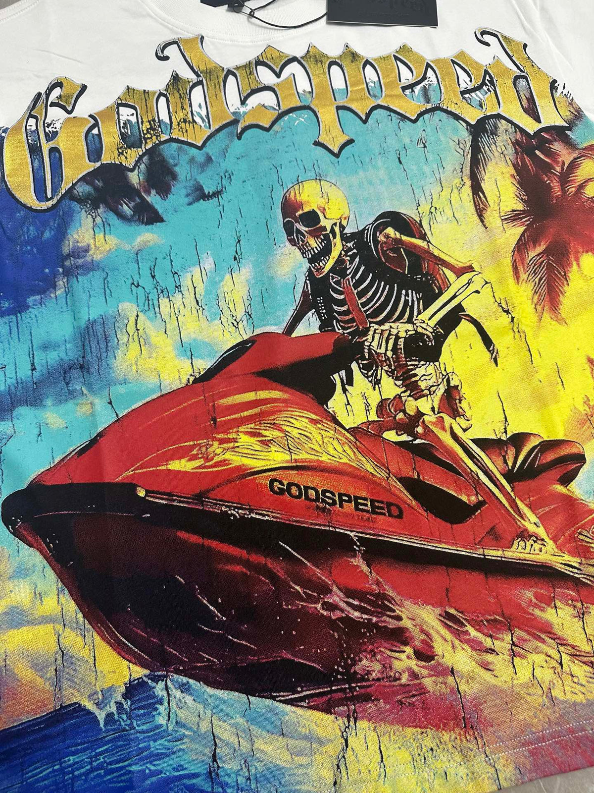 Godspeed Skeleton Jet‑Ski Summer Vintage Short‑Sleeve Tee (White)