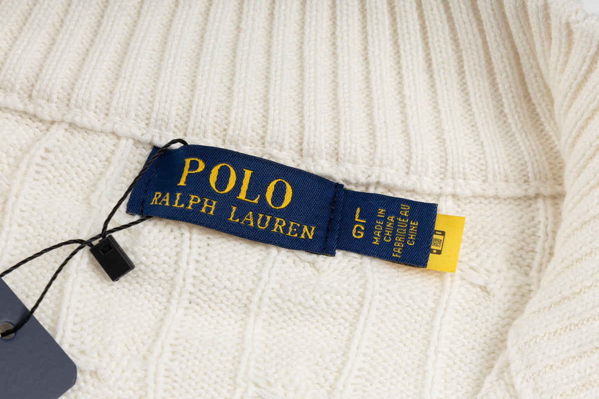 Ralph Lauren Men's Full‑Zip Cable Knit Stand Collar Cardigan Sweater With Navy Pony Logo