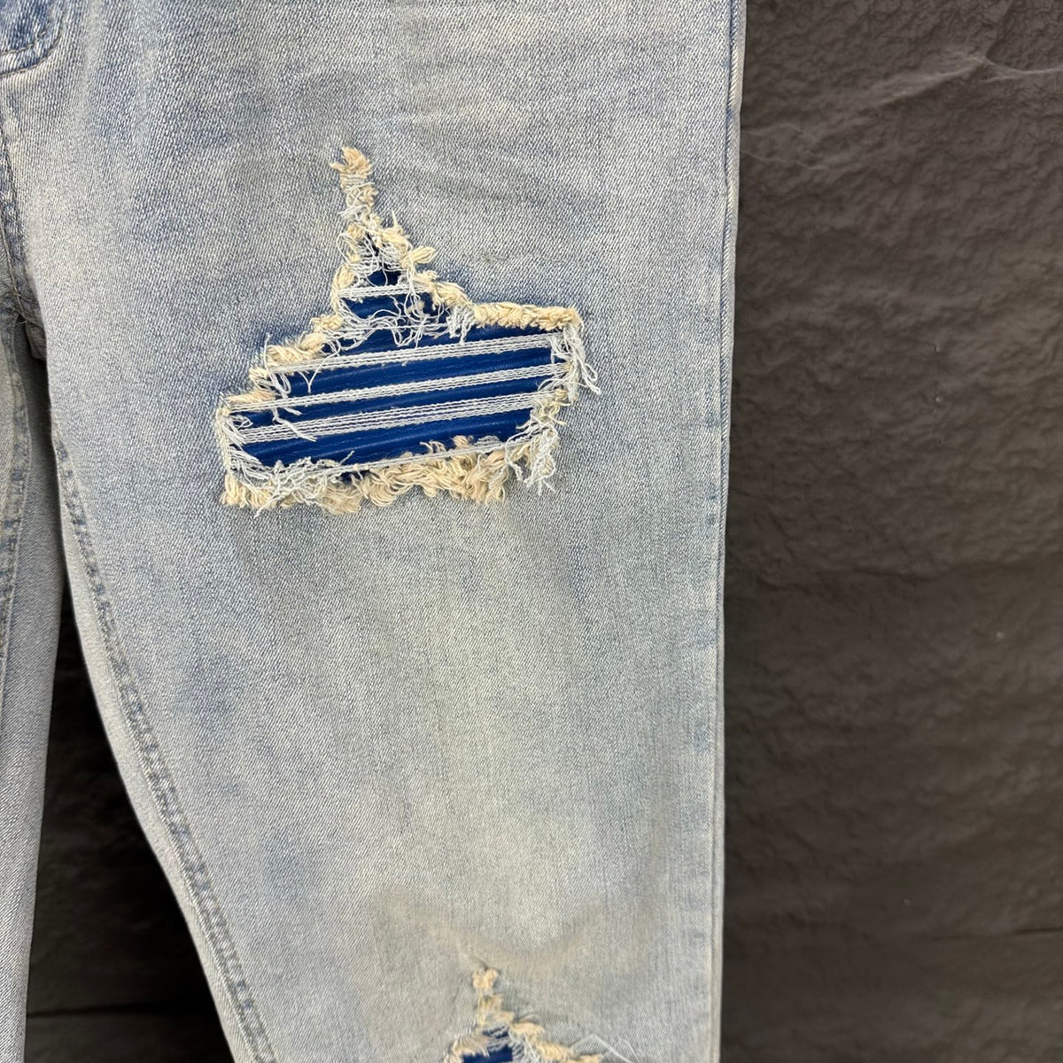 AMIRI Blue Ribbed Patch Diamond‑Rip Distressed Slim‑Fit Denim Jeans
