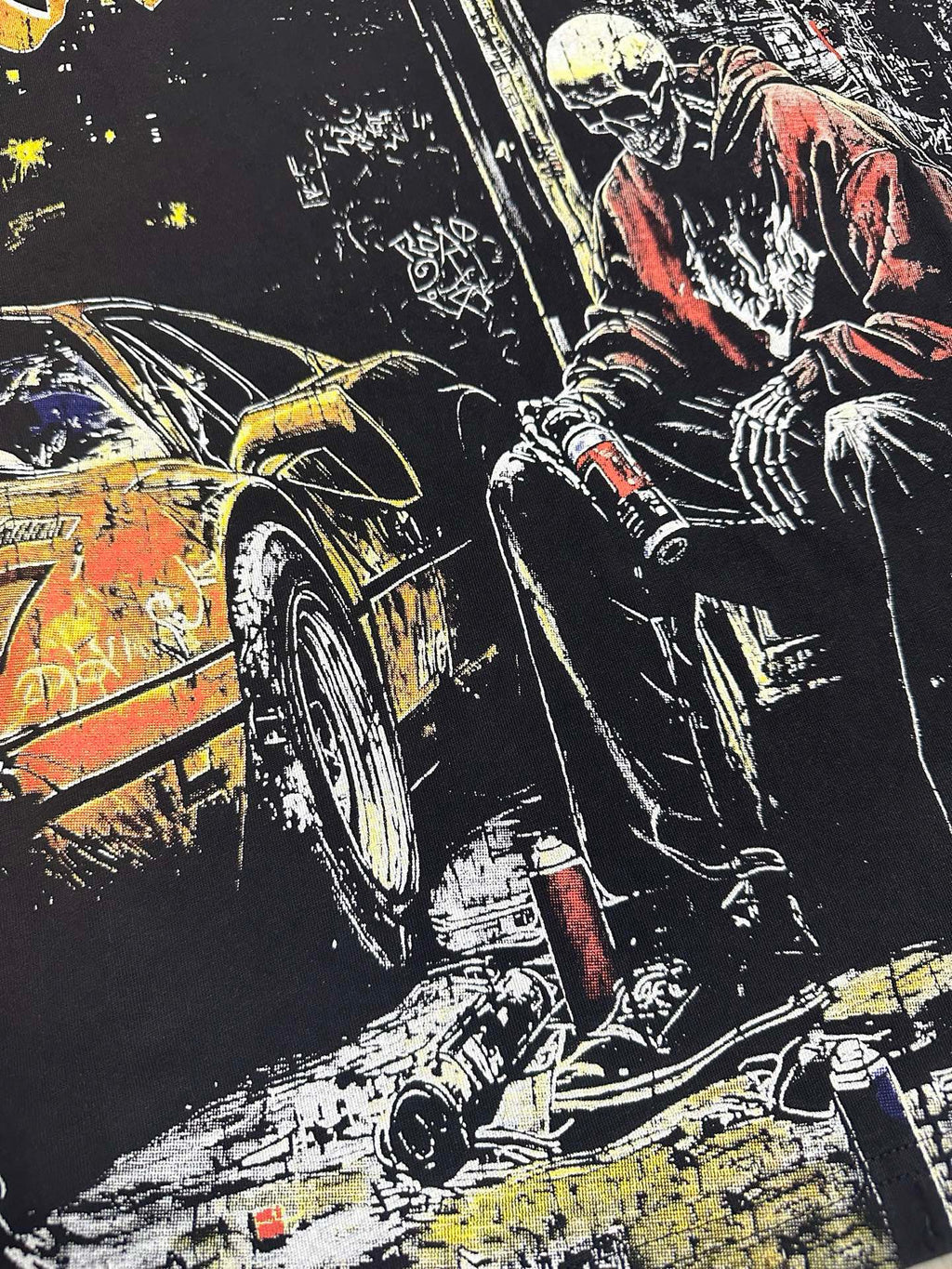 Godspeed Night City Skeleton Sports Car Vintage Short‑Sleeve Tee (Washed Black)