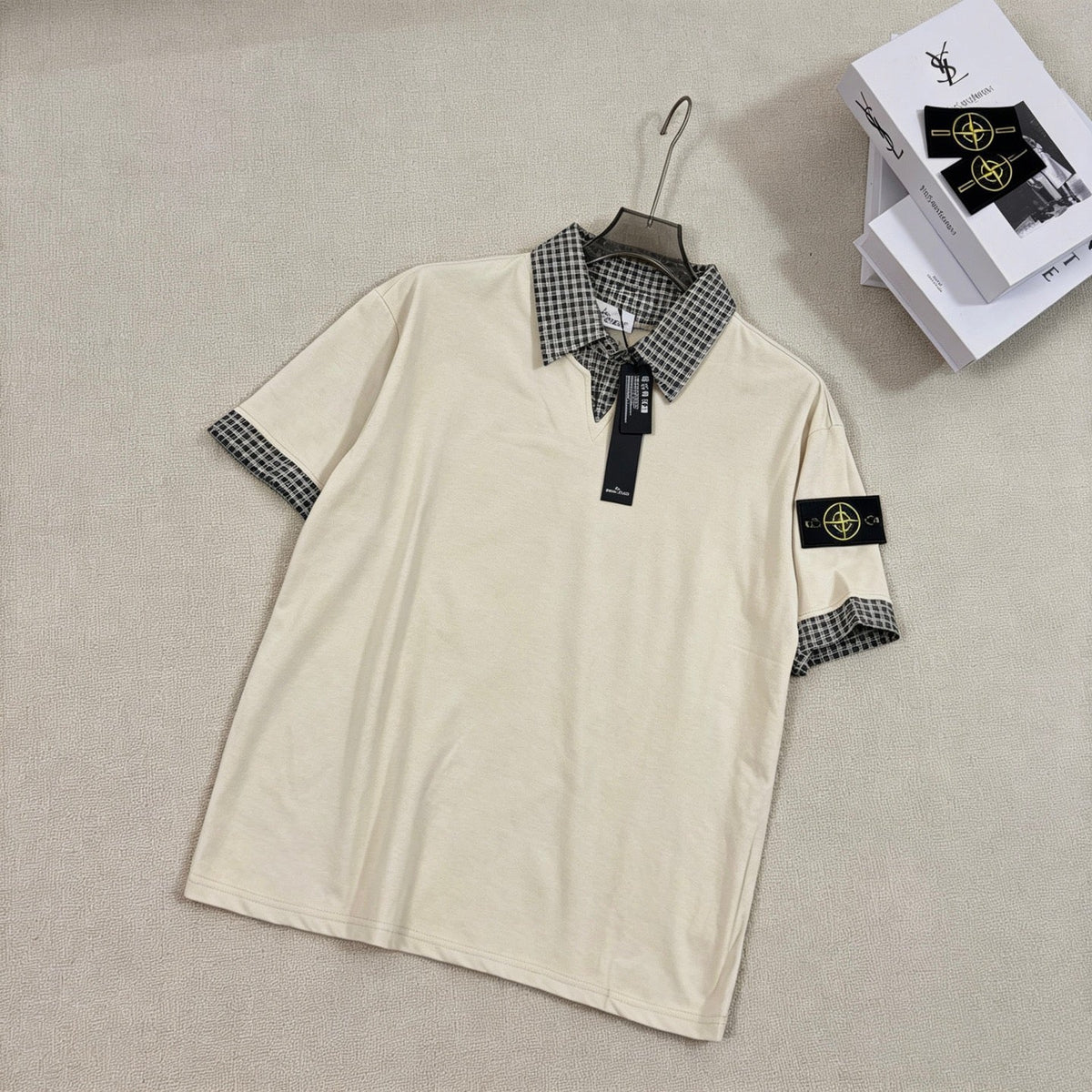 Stone Island Faux Two-Piece Short Sleeve Top with Gingham Collar