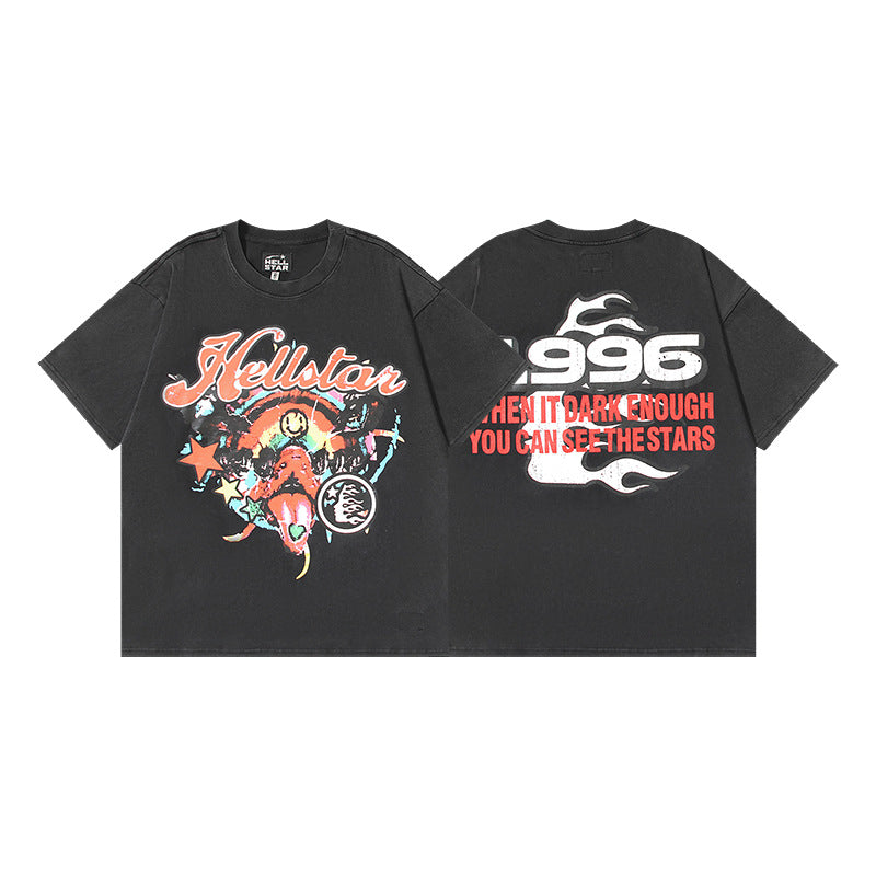 Vintage Washed Graphic Tee – Oversized Unisex Short Sleeve T-Shirt (Washed Black & Blue Series)