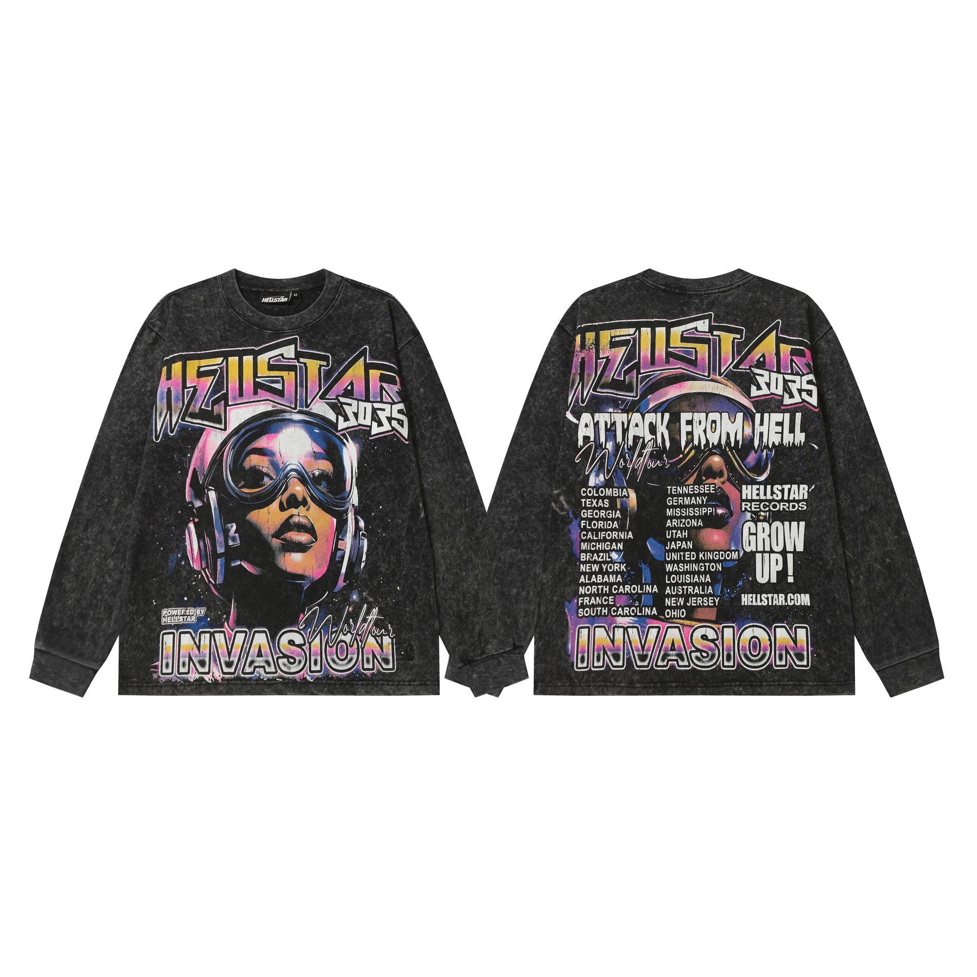 Hellstar Skull & Lightning Print Acid Wash Vintage Long Sleeve Hoodie