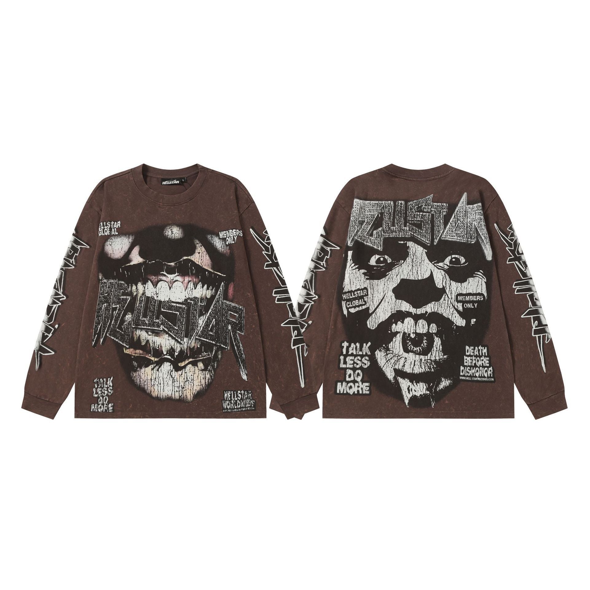 Hellstar Skull & Lightning Print Acid Wash Vintage Long Sleeve Hoodie