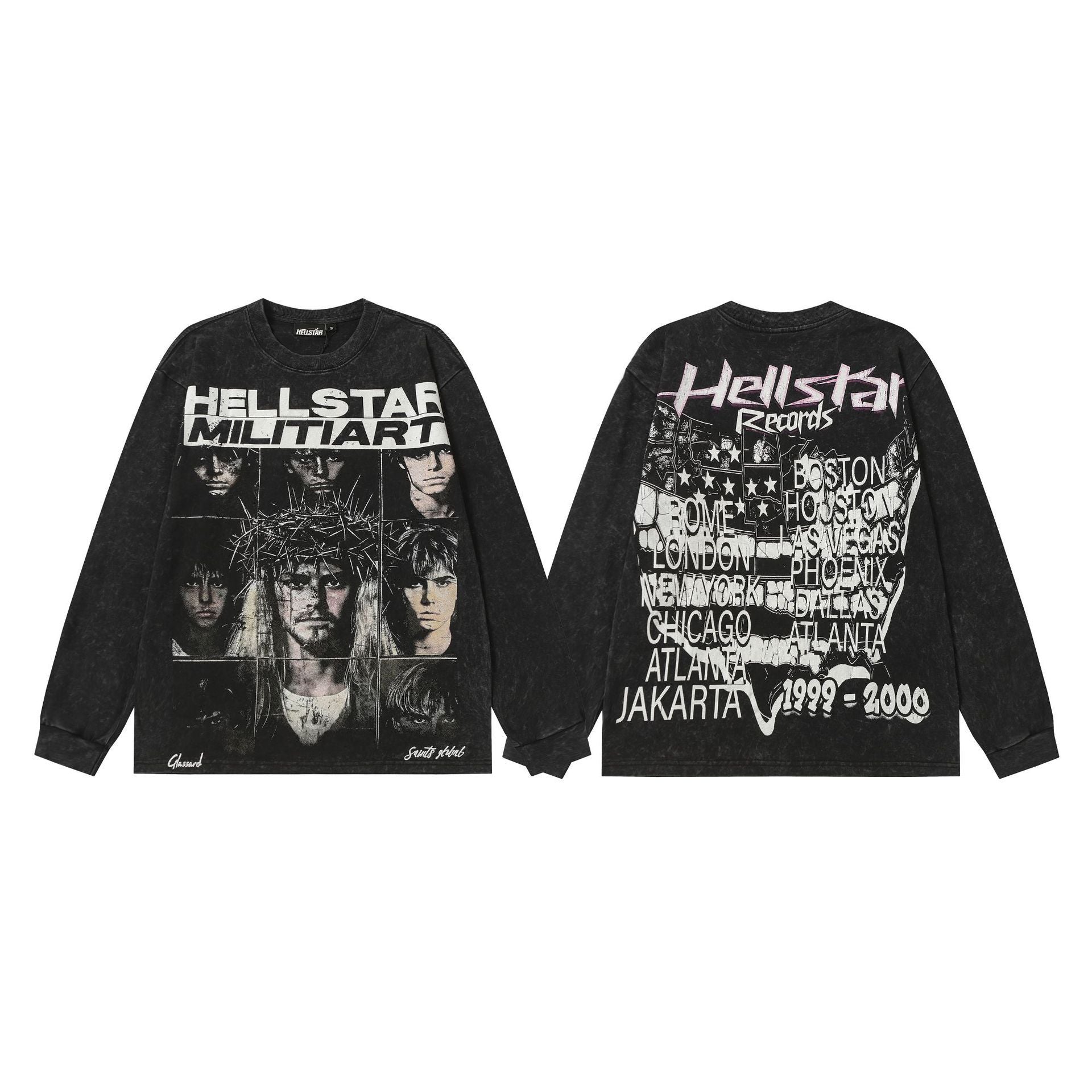 Hellstar Skull & Lightning Print Acid Wash Vintage Long Sleeve Hoodie