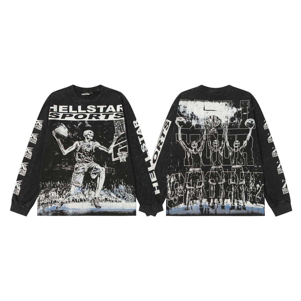 Hellstar Skull & Lightning Print Acid Wash Vintage Long Sleeve Hoodie