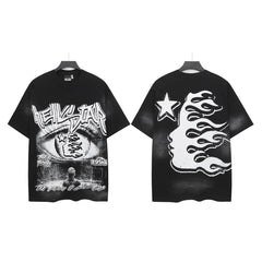 Hell Star Heel Washed Vintage American Print Short Sleeve T-Shirt