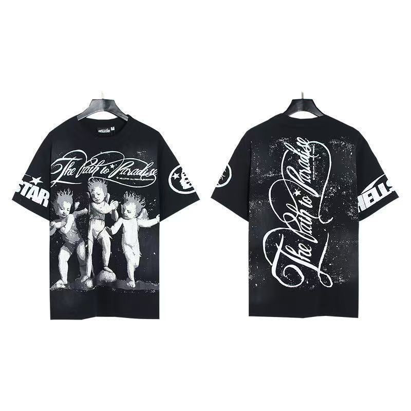 Hell Star Heel Washed Vintage American Print Short Sleeve T-Shirt