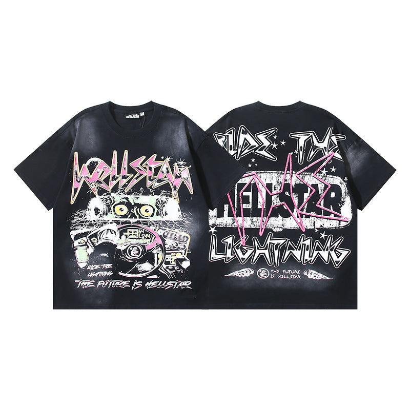 HELLSTAR 2025 American Streetwear Heavyweight Washed Vintage Oversized Short Sleeve T-Shirt
