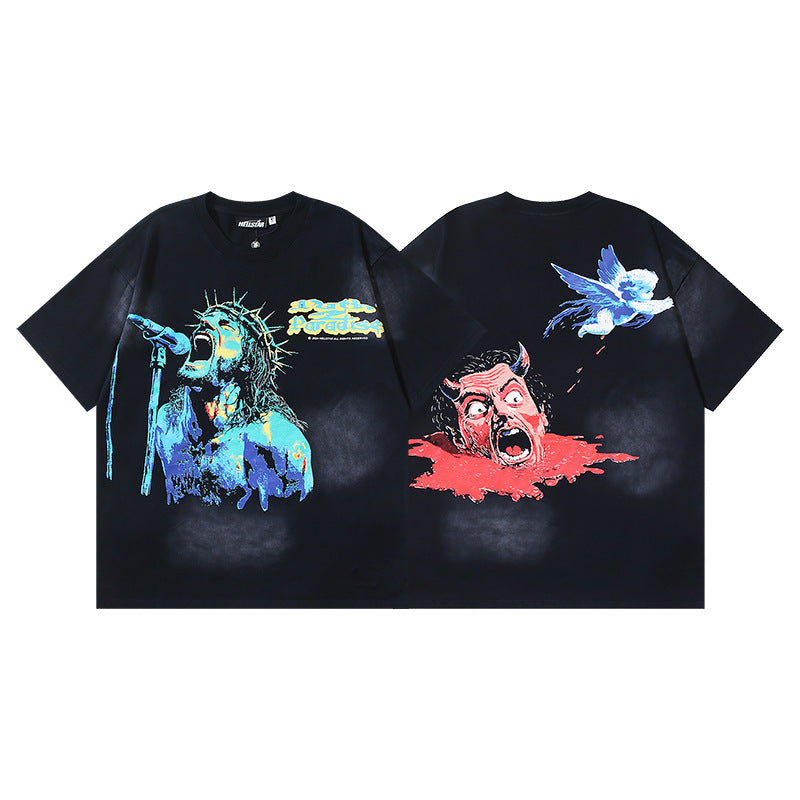 HELLSTAR 2025 American Streetwear Heavyweight Washed Vintage Oversized Short Sleeve T-Shirt