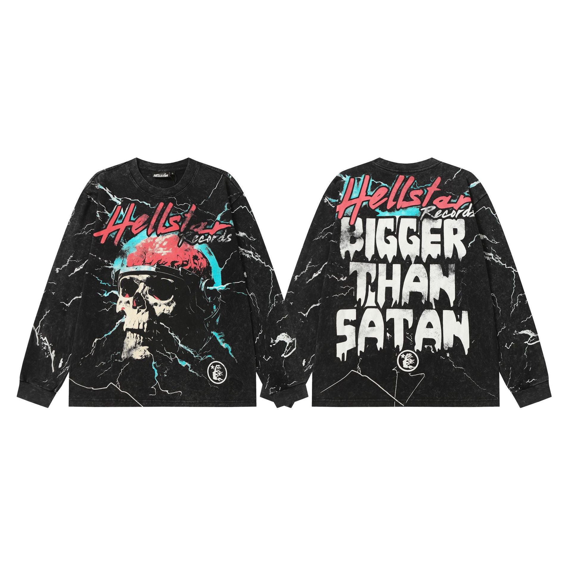 Hellstar Skull & Lightning Print Acid Wash Vintage Long Sleeve Hoodie