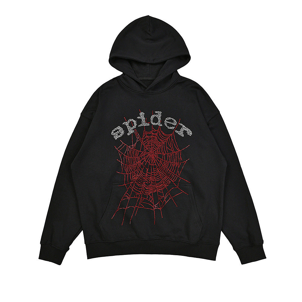 25ss High Quality SP5DER American Streetwear Rhinestone Foam Letter Spider Web Hoodie (Unisex)
