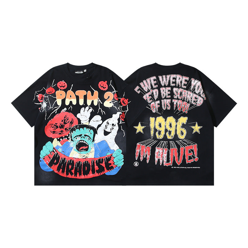 Vintage Washed Graphic Tee – Oversized Unisex Short Sleeve T-Shirt (Washed Black & Blue Series)