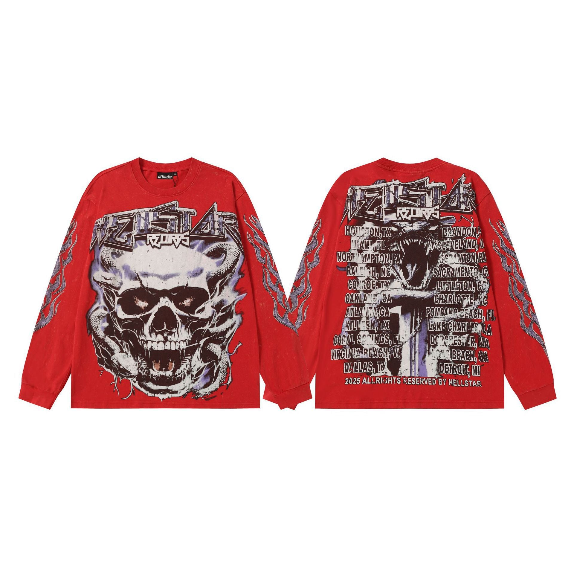 Hellstar Skull & Lightning Print Acid Wash Vintage Long Sleeve Hoodie