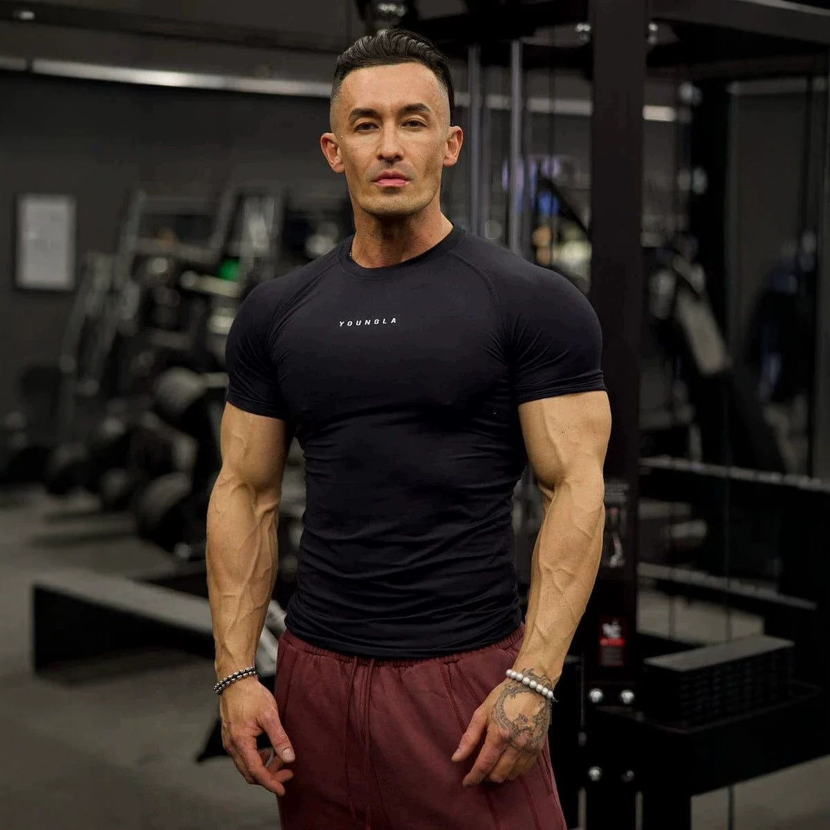 YOUNGLA Men's Compression Training Tee – High-Stretch Short Sleeve Gym Shirt