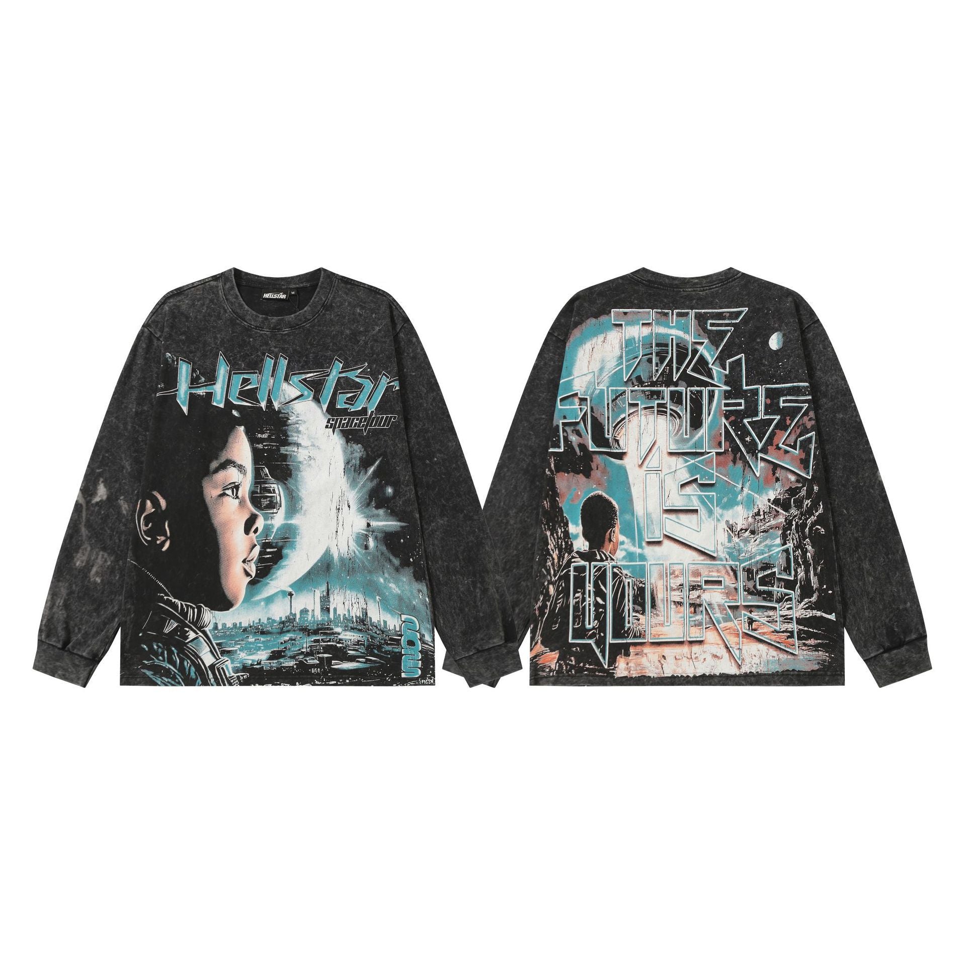 Hellstar Skull & Lightning Print Acid Wash Vintage Long Sleeve Hoodie