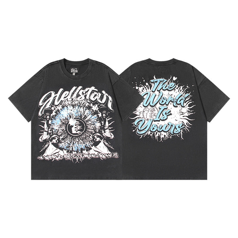 Vintage Washed Graphic Tee – Oversized Unisex Short Sleeve T-Shirt (Washed Black & Blue Series)
