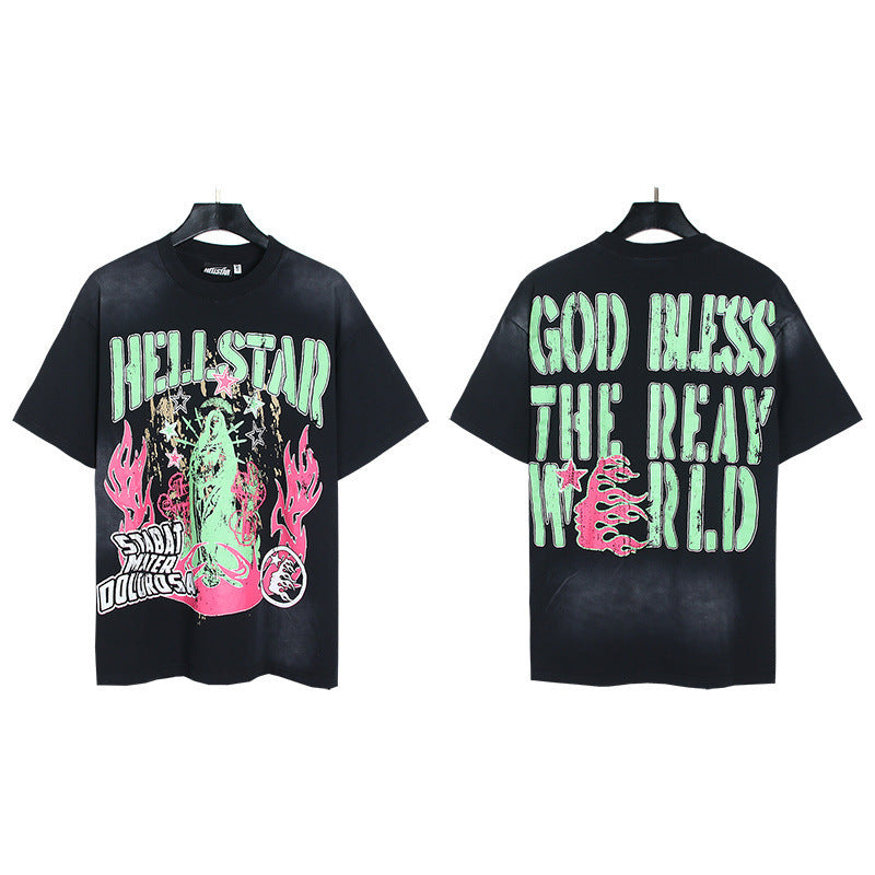 Hell Star Heel Washed Vintage American Print Short Sleeve T-Shirt
