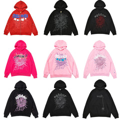 25ss High Quality SP5DER American Streetwear Rhinestone Foam Letter Spider Web Hoodie (Unisex)