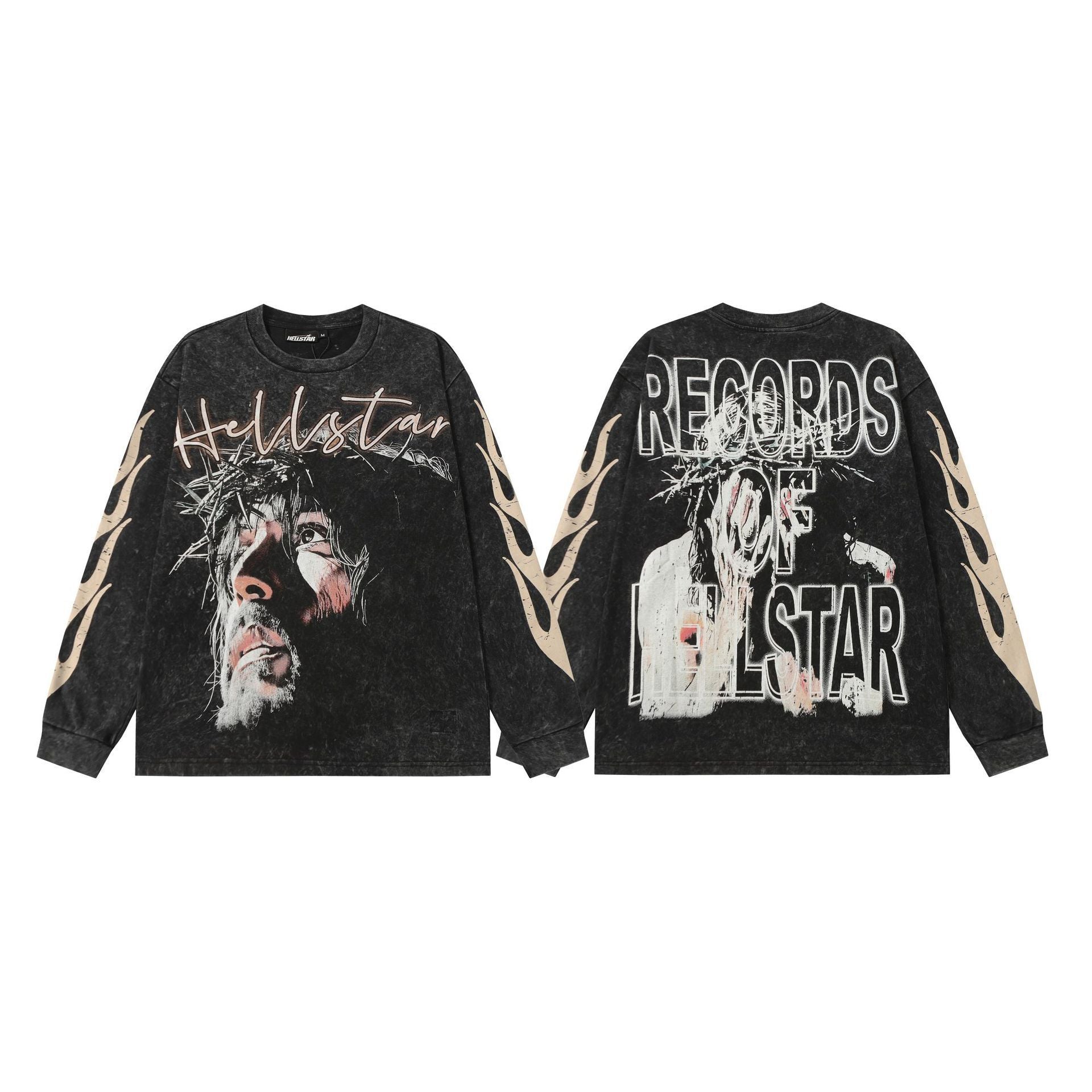 Hellstar Skull & Lightning Print Acid Wash Vintage Long Sleeve Hoodie