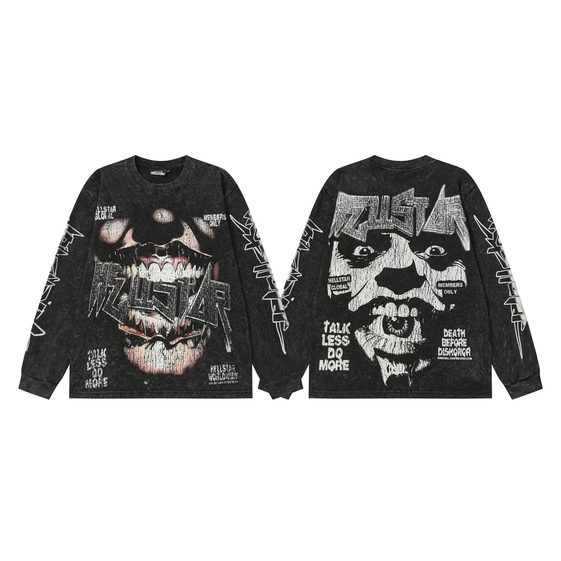 Hellstar Skull & Lightning Print Acid Wash Vintage Long Sleeve Hoodie