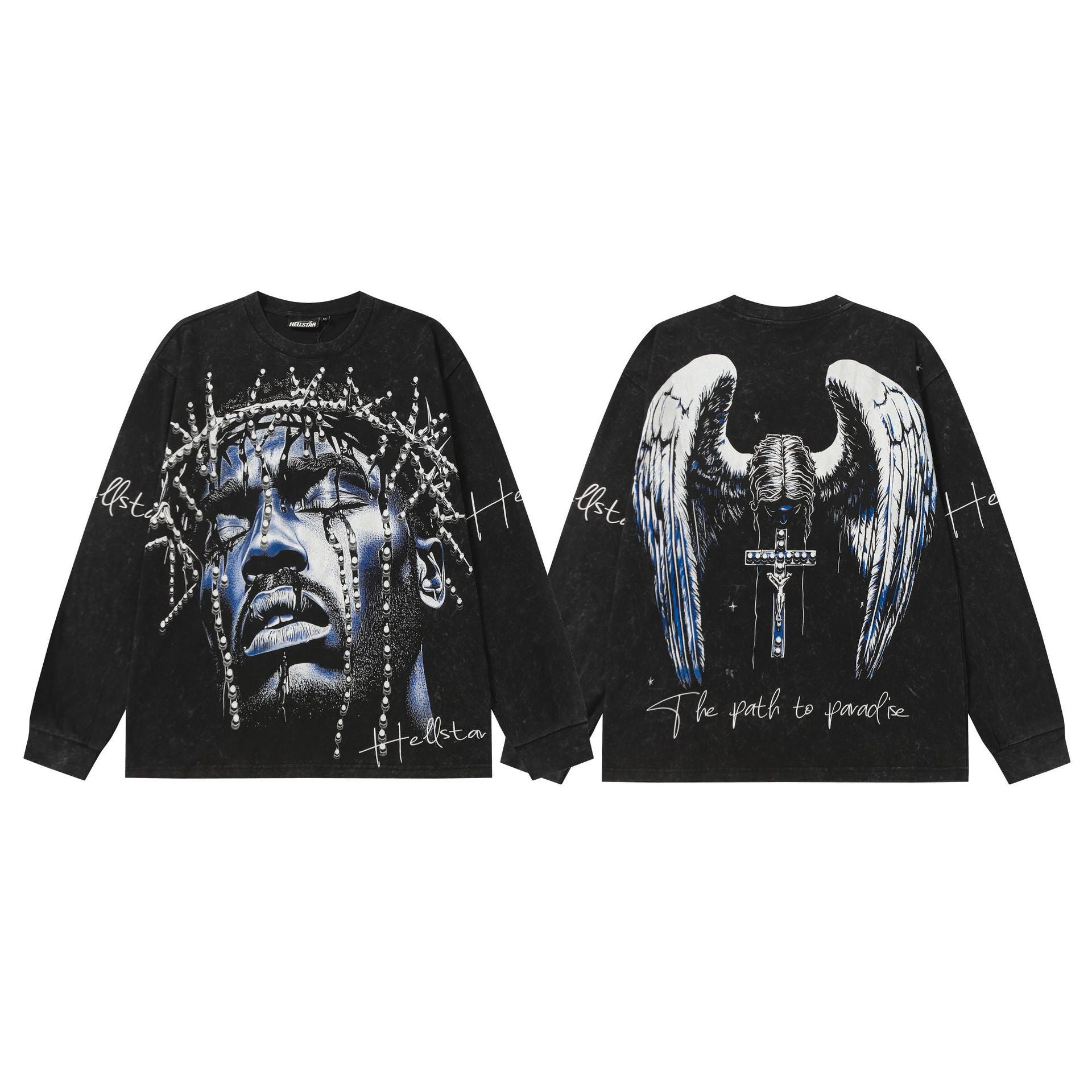 Hellstar Skull & Lightning Print Acid Wash Vintage Long Sleeve Hoodie