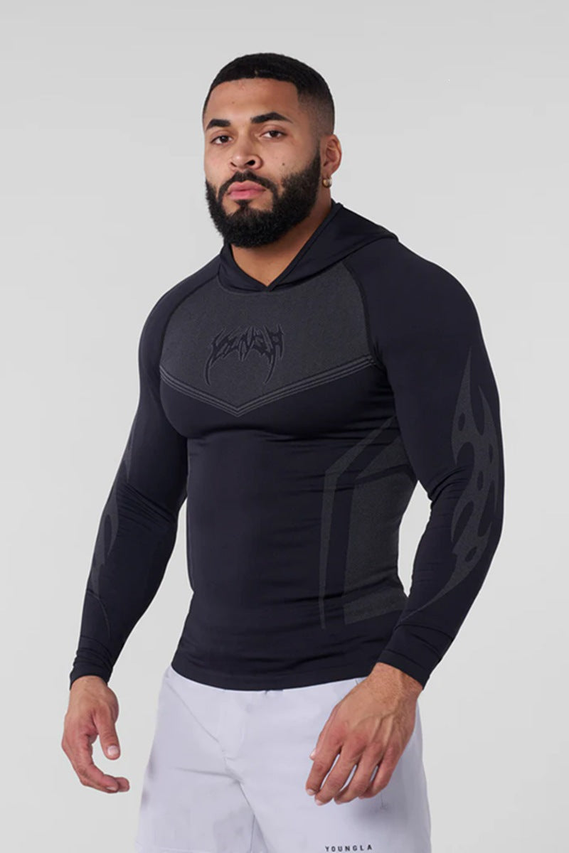 YOUNGLA Men's Compression Hooded Long Sleeve Tee – Quick-Dry Athletic Shirt