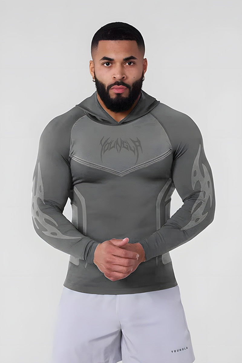YOUNGLA Men's Compression Hooded Long Sleeve Tee – Quick-Dry Athletic Shirt