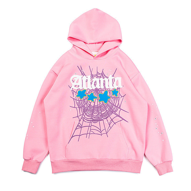 25ss High Quality SP5DER American Streetwear Rhinestone Foam Letter Spider Web Hoodie (Unisex)