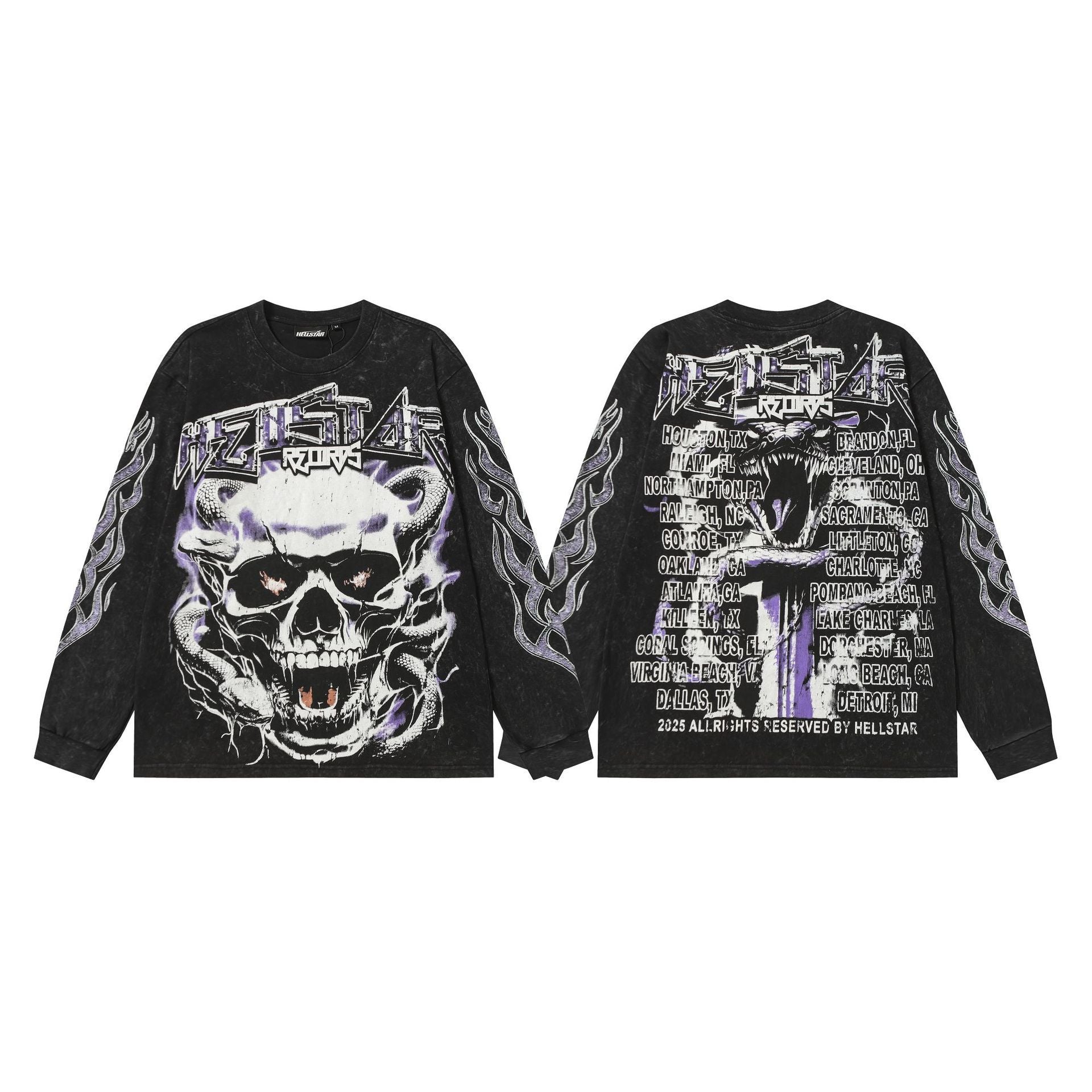 Hellstar Skull & Lightning Print Acid Wash Vintage Long Sleeve Hoodie