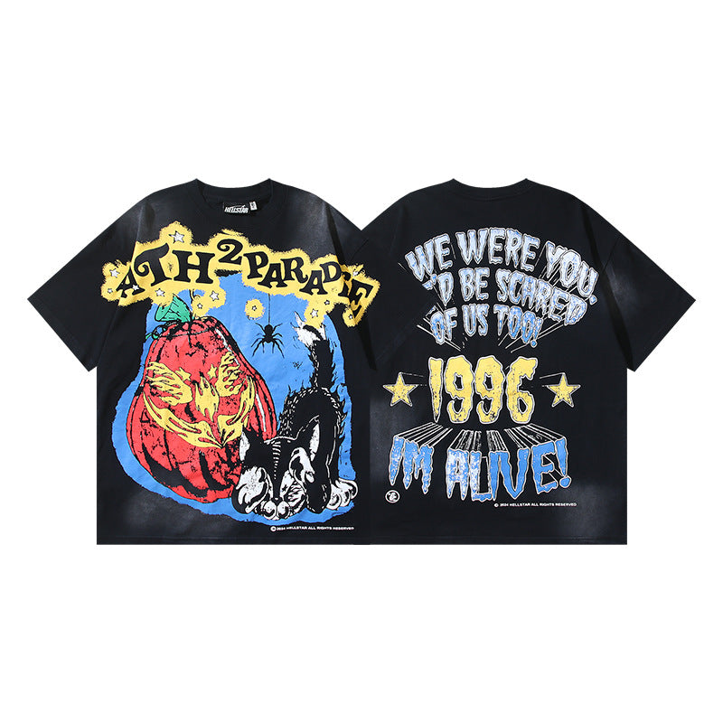 Vintage Washed Graphic Tee – Oversized Unisex Short Sleeve T-Shirt (Washed Black & Blue Series)