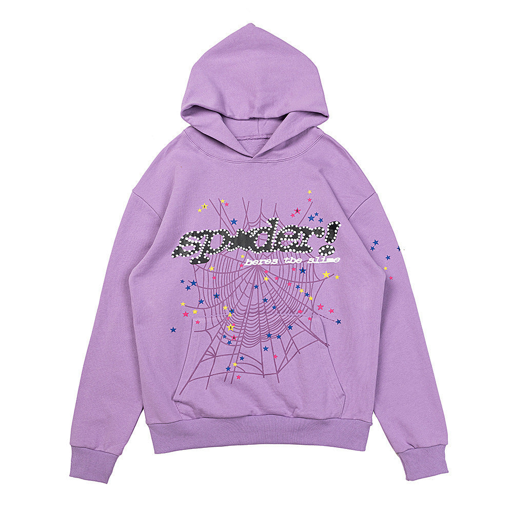25ss High Quality SP5DER American Streetwear Rhinestone Foam Letter Spider Web Hoodie (Unisex)
