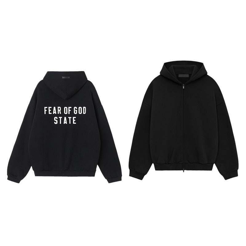 FOG Essentials Letter Embroidered Fleece Zip-Up Hoodie – 2024FW Unisex American Streetwear